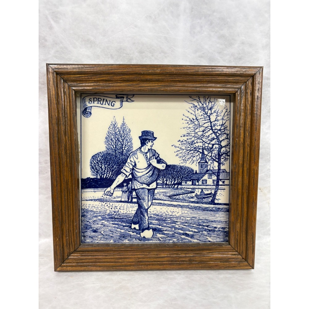 Vintage Delft Blue White Spring Farmer Ceramic Tile Wood Framed Wall Art 7x7